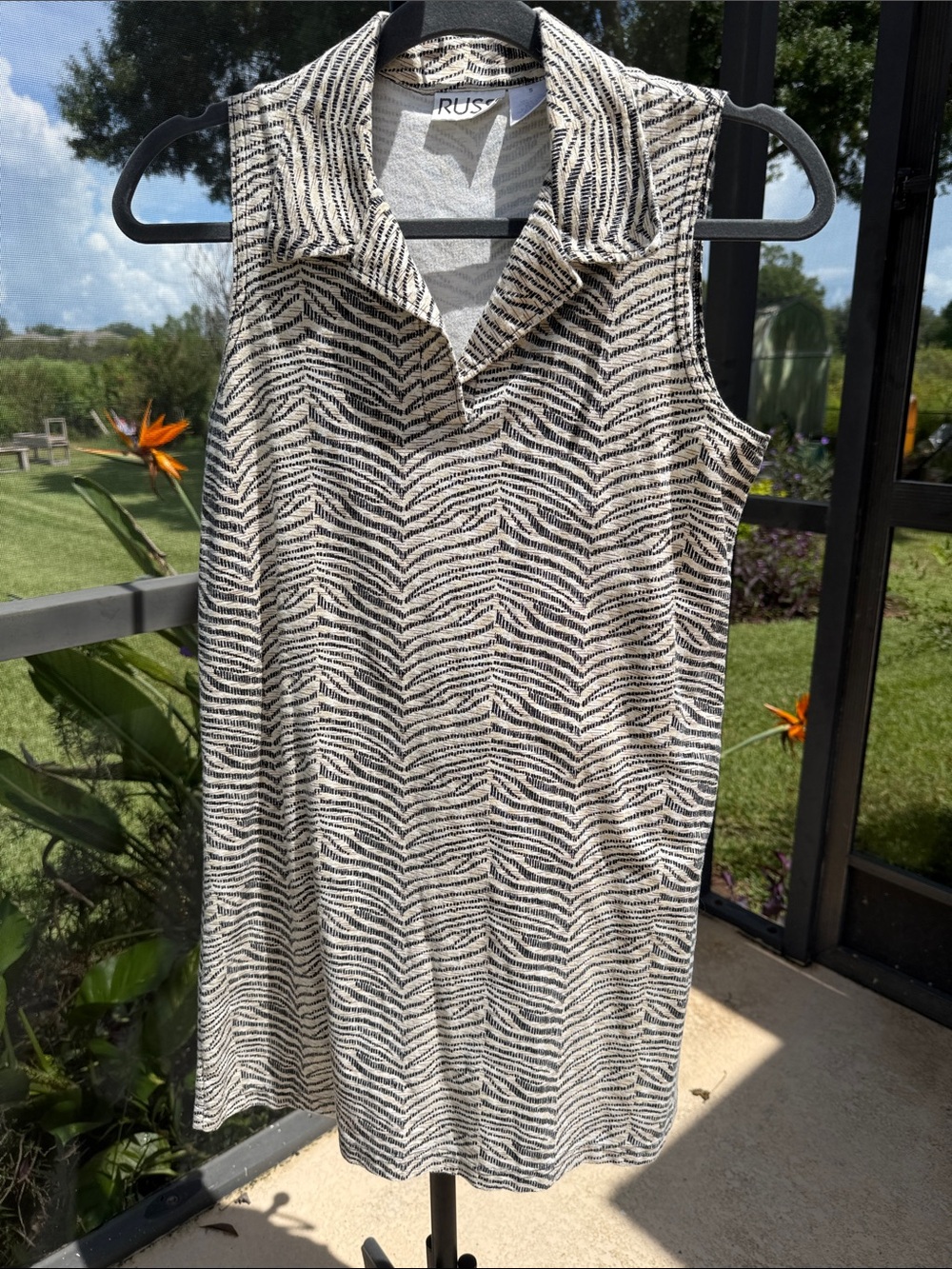 Russ stretch Sleeveless Collared Mini Dress — Black and Cream Zebra Stripe
